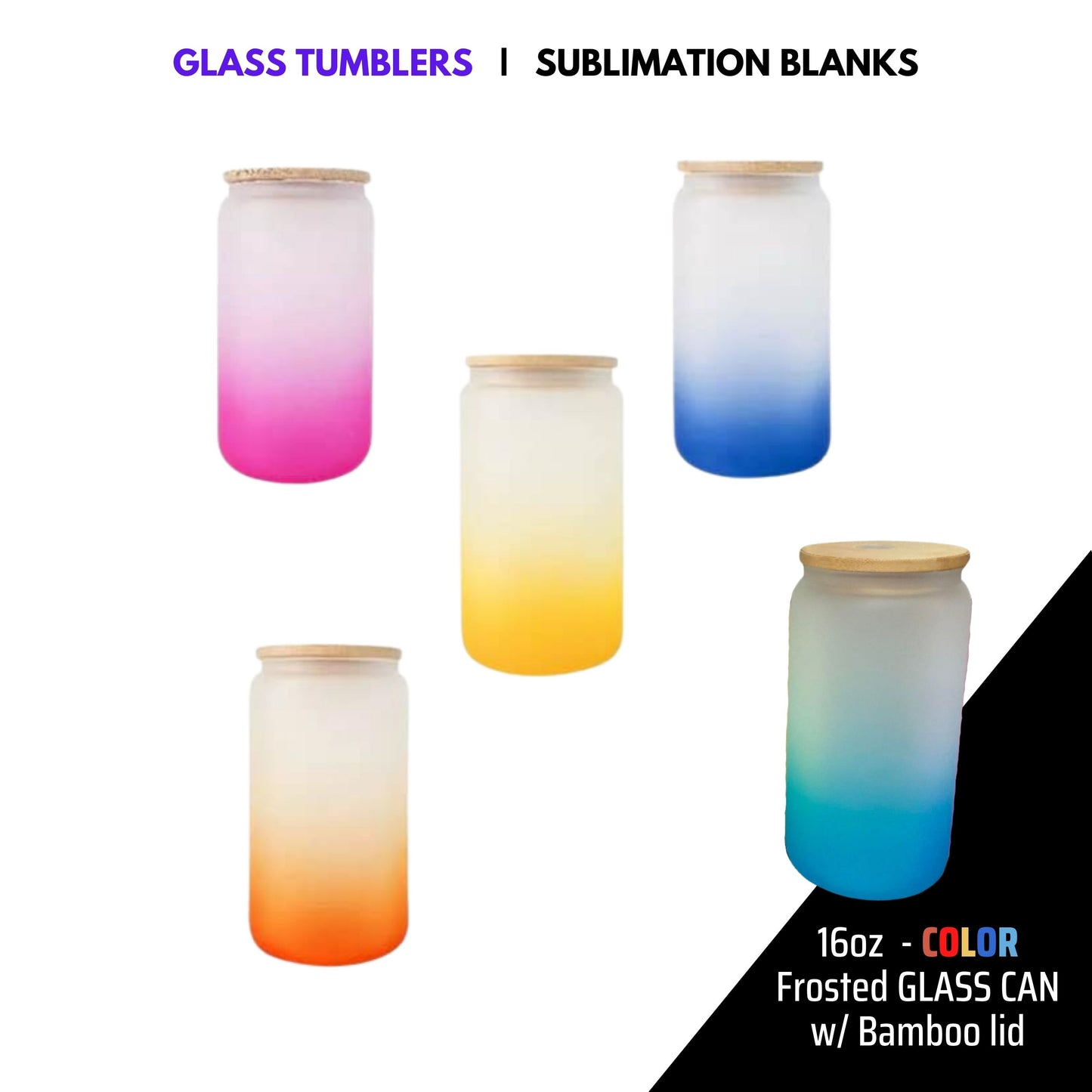 FROSTED GLASS CAN w/ BAMBOO LID - COLOR | 16oz Sublimation Glass